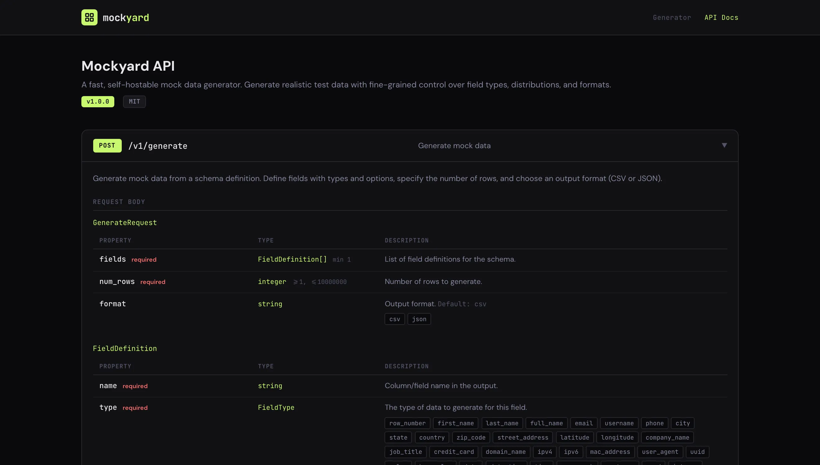 Mockyard's interactive API documentation page