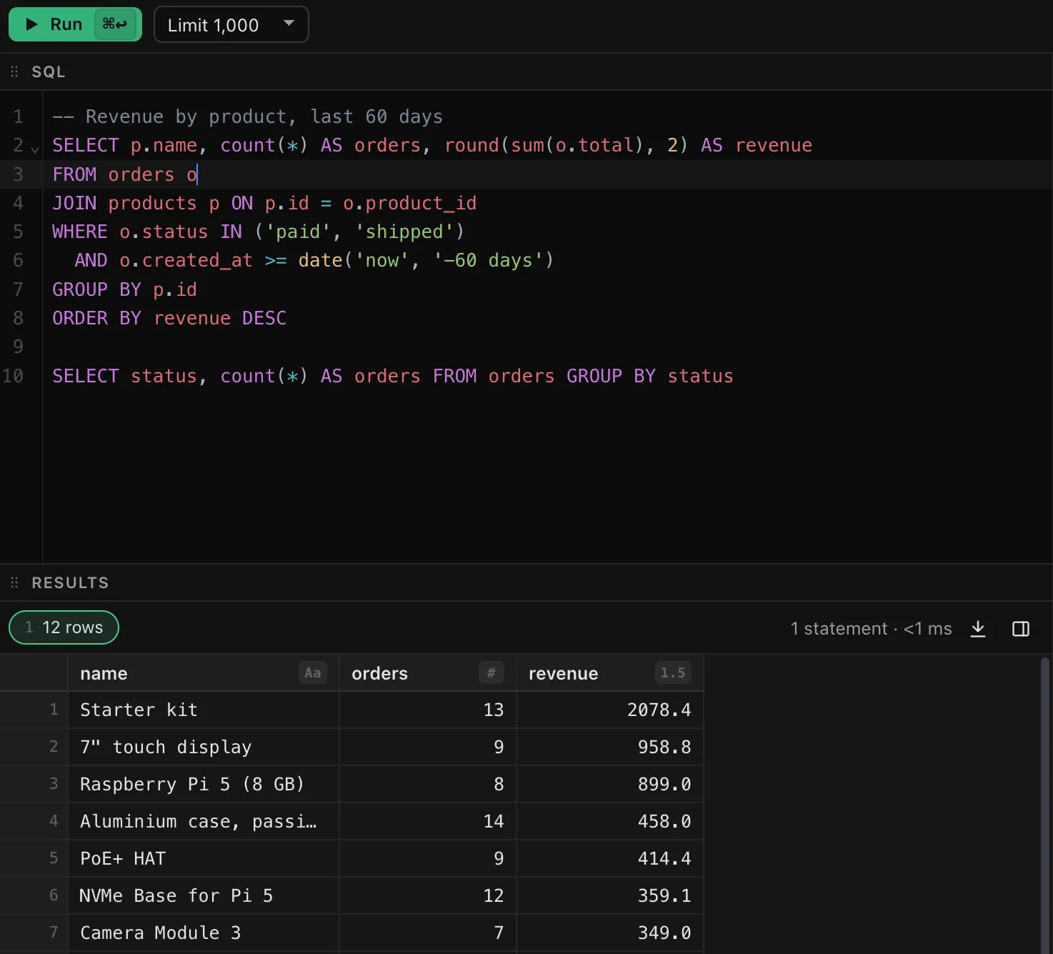The SQL editor with two statements separated by a blank line, and the results of the first one below