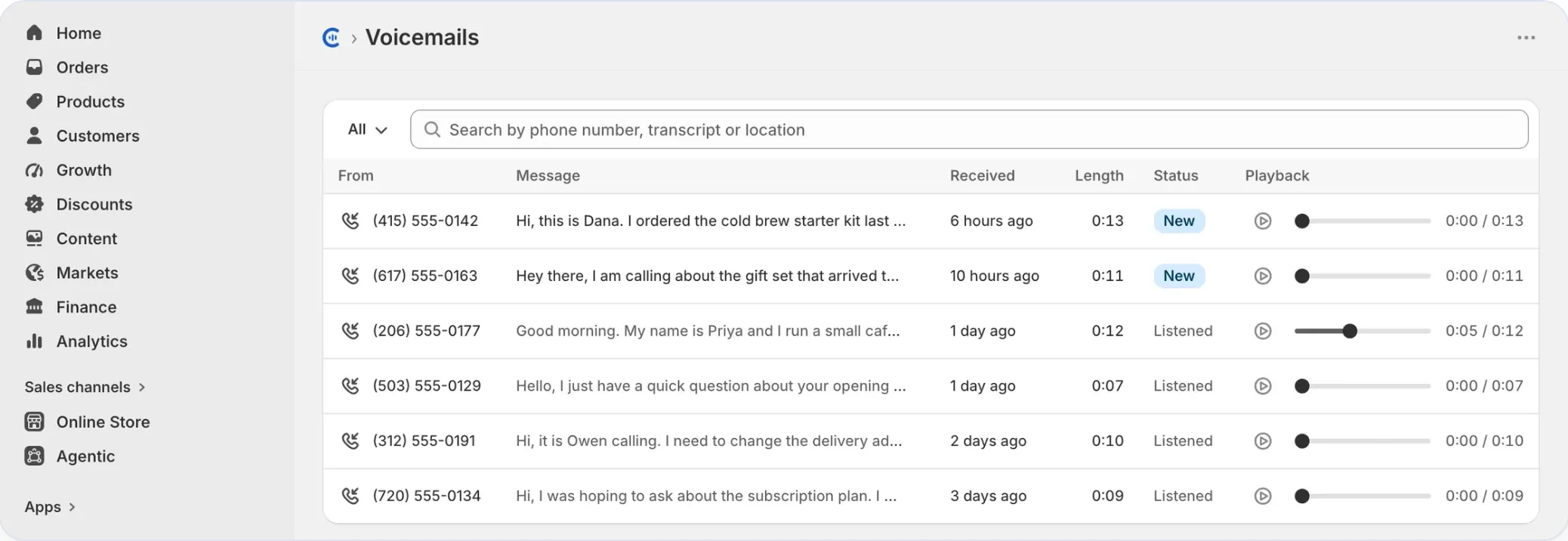 Callify's Voicemails page inside the Shopify admin